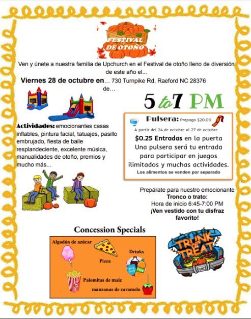 Fall Festival at Upchurch Elementary, October 28 from 5-7PM