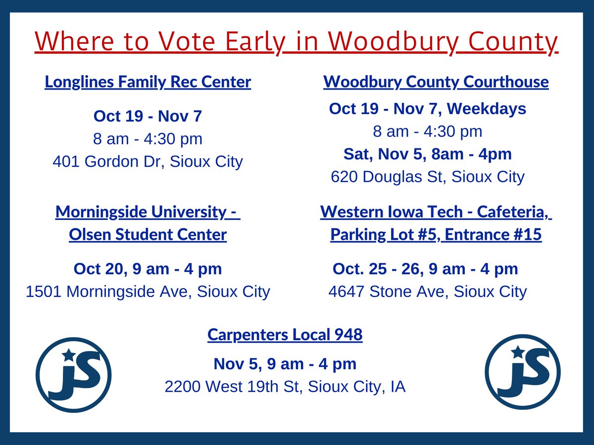 JackieforIowa's tweet photo. Happy first day of early voting! There are many great options for early voting here in Woodbury County. The LongLines Center is open every day of early voting, including weekends! https://t.co/OfQPscbRKM