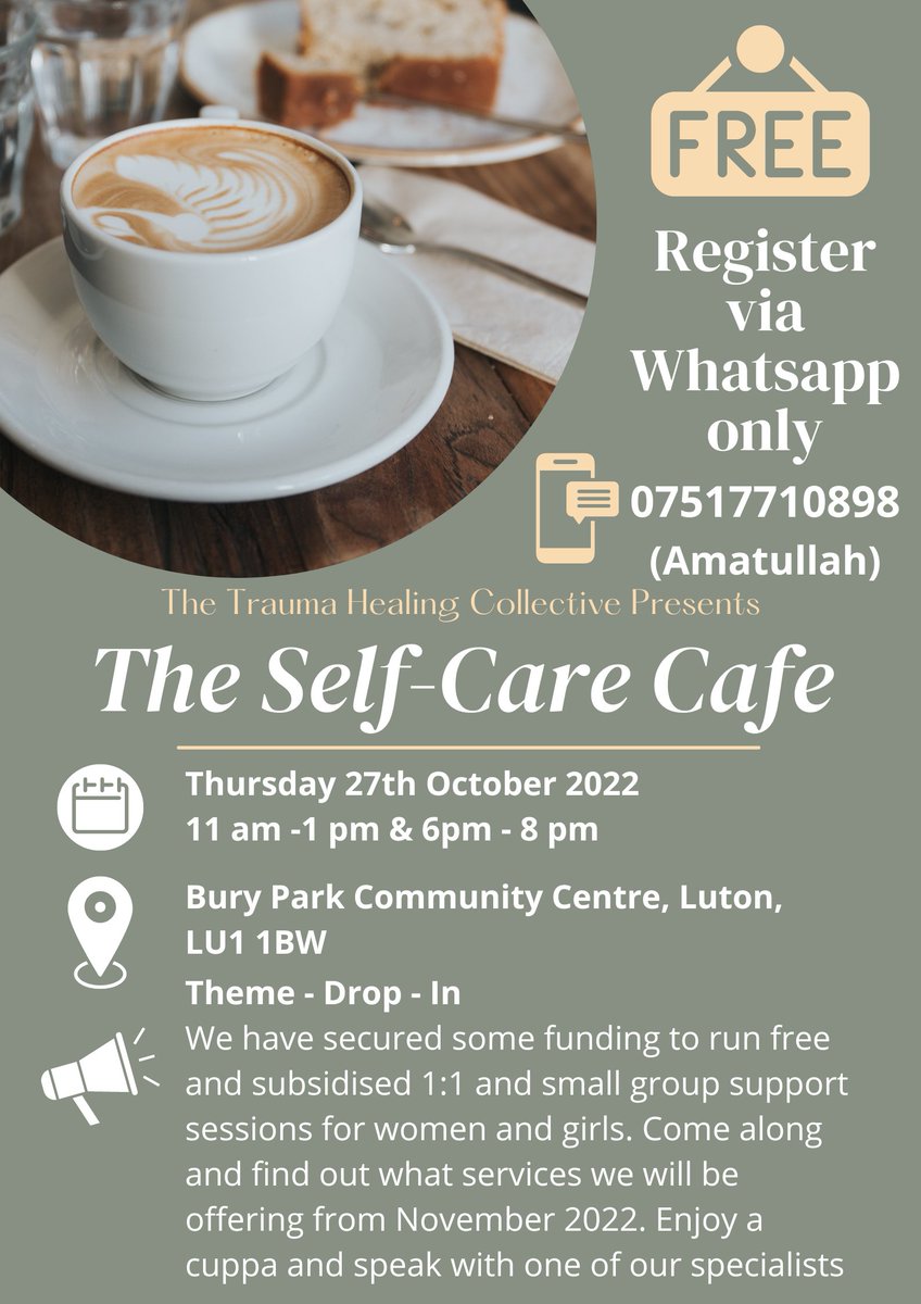 Traumahealingc's tweet photo. Register with Amatullah on WhatsApp. 07517710898.

This month, you can choose from either session to drop in to.

#selfcare #muslimahmentalhealth #luton #whatsoninluton https://t.co/pqbkbzSRHP