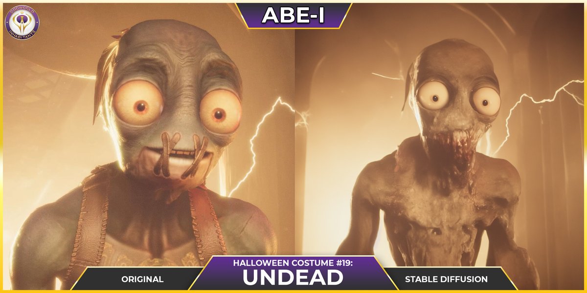 OddworldInc's tweet photo. Day 19 of #Abei
The cute costumes didn’t last long! For his 19th #Halloween costume, Abe has become the undead. I’m sure the Glukkons make some brain food!
#AIart @stabilityai #madewithstablediffusion #aiartcommunity #Halloweencostume #Undead #Zombies #TheWalkingDead https://t.co/VNtMwgtbpv