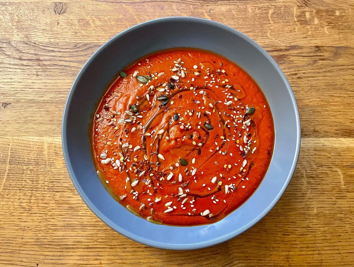 NeophyteCook's tweet photo. Roasted red pepper, tomato &amp; butternut squash soup: I roasted red peppers, butternut squash and garlic. This was then added to a food processor along with a can of tomatoes. This was then served with toasted fresh bakers bread, a drizzle of extra virgin olive oil and mixed seeds. https://t.co/GsjMgFe24P