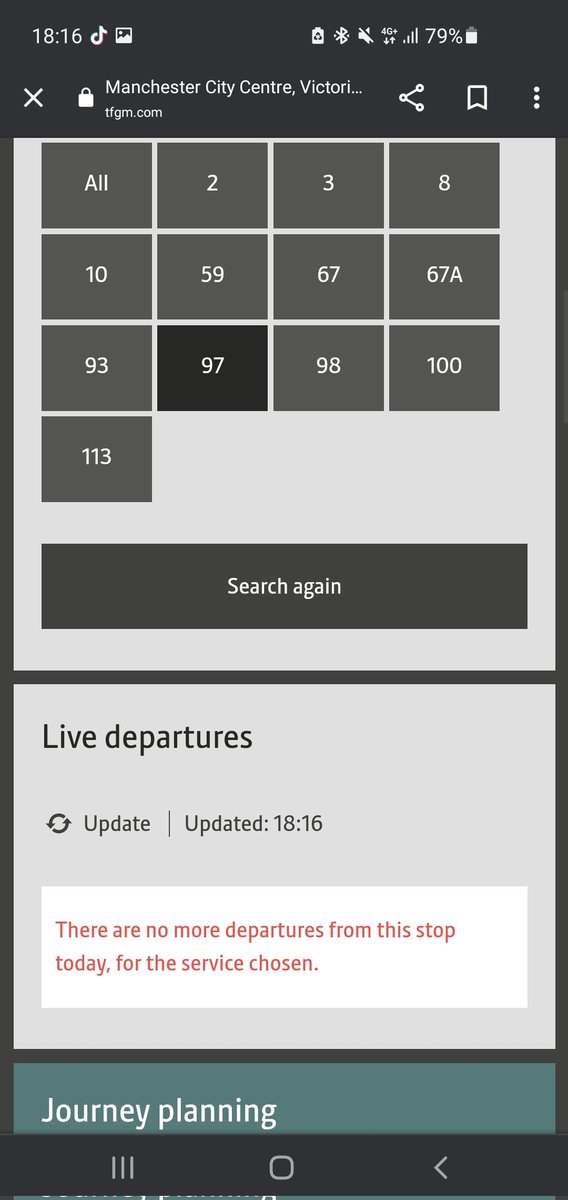 emlouhow's tweet photo. @OfficialTfGM I have been waiting for 97 bus from the Victoria stop for over 15mins, I watched the bus countdown the minutes, go to 'due' and now it says this... is it just not going to turn up? https://t.co/QsORyEirar