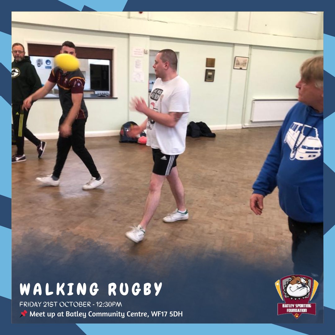 🚶‍♂️ | 𝐖𝐚𝐥𝐤𝐢𝐧𝐠 𝐑𝐮𝐠𝐛𝐲 Walking Rugby is ON this Friday (21st Oct). Here are the details for the session: 📍 | Batley Community Centre, WF17 5DH ⏱️ | 12.30pm - 1.30pm Come along to the walking rugby session which is a fun, sociable exercise with a cuppa as well!! #batley