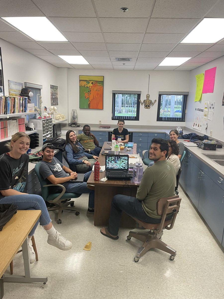 FAUAnthropology's tweet photo. Happy Wednesday from Dr. Kate Detwiler’s Primatology Lab Group at their weekly meeting in the BioAnthro Lab!  It’s so nice to have great research and great fun at the same time: you can hear the laughter all the way down the hall! @FloridaAtlantic @FAUArtsLetters @FAUScience https://t.co/vTQ4aRyxgx