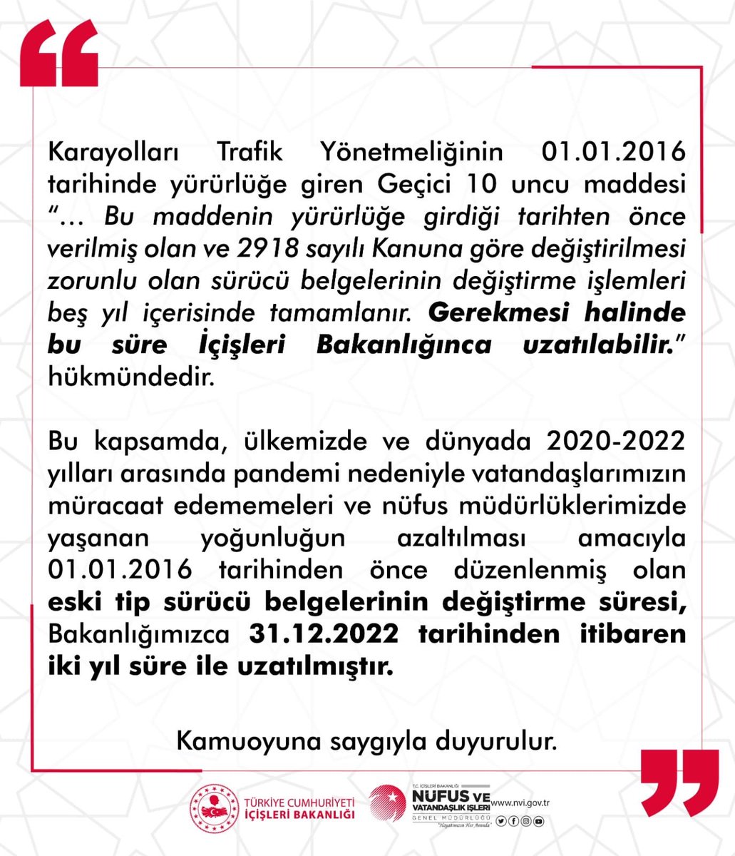 01.01.2016 öncesi sürücü belgeleri değiştirme süresi 2 yıl uzatılmıştır