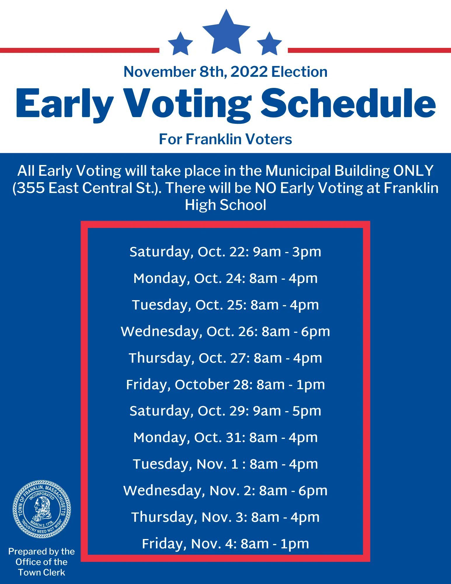 Town of Franklin, MA: Town Clerk reminds of early voting schedule
