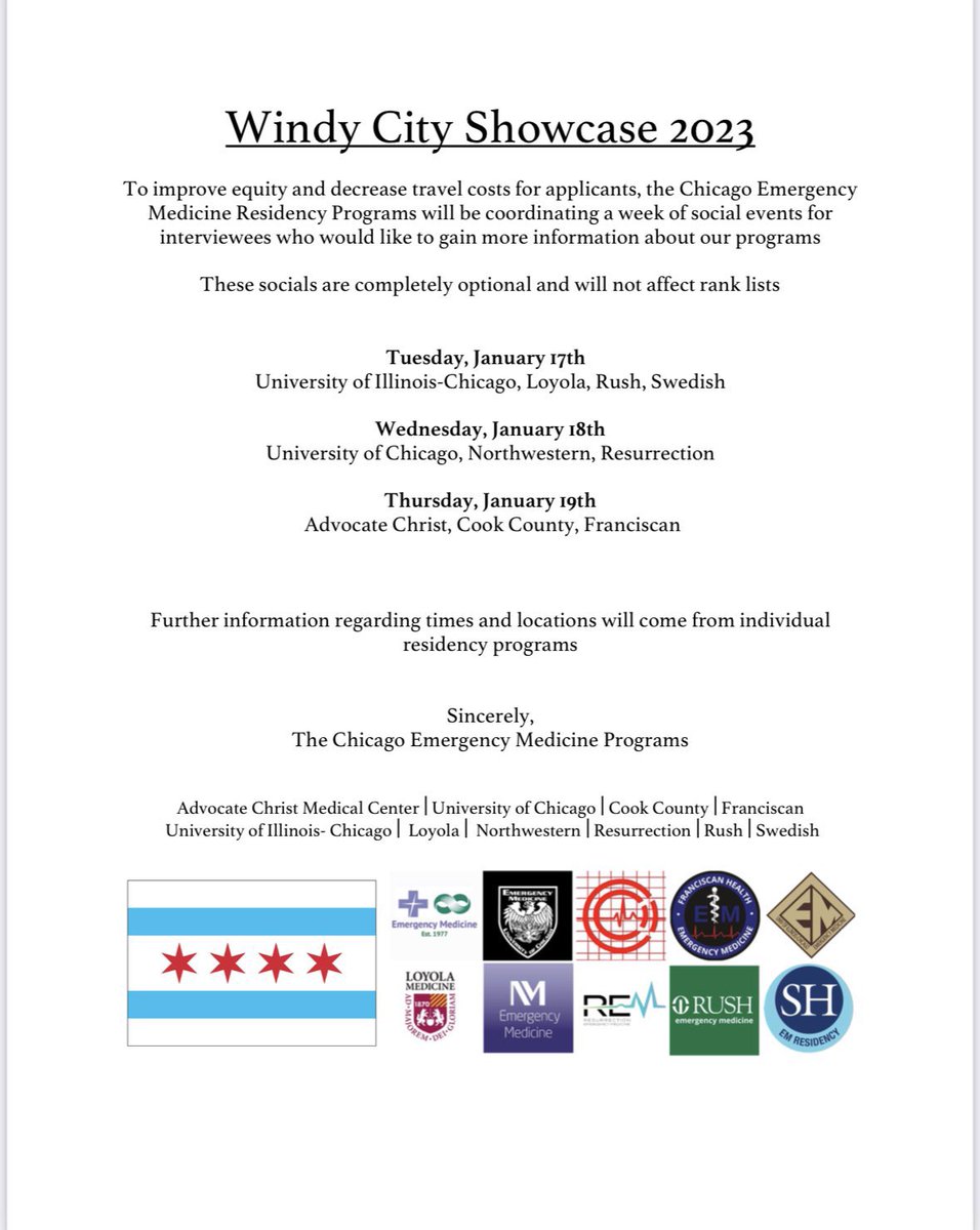 🚨#EMboubd #medstudents Chicago EM programs are putting together socials for you to learn more about our programs, all in the same week so you do not have to travel multiple times! 

Excited to be a part of this with the #WindyCityEM community!

#Match2023 #EmergencyMedicine