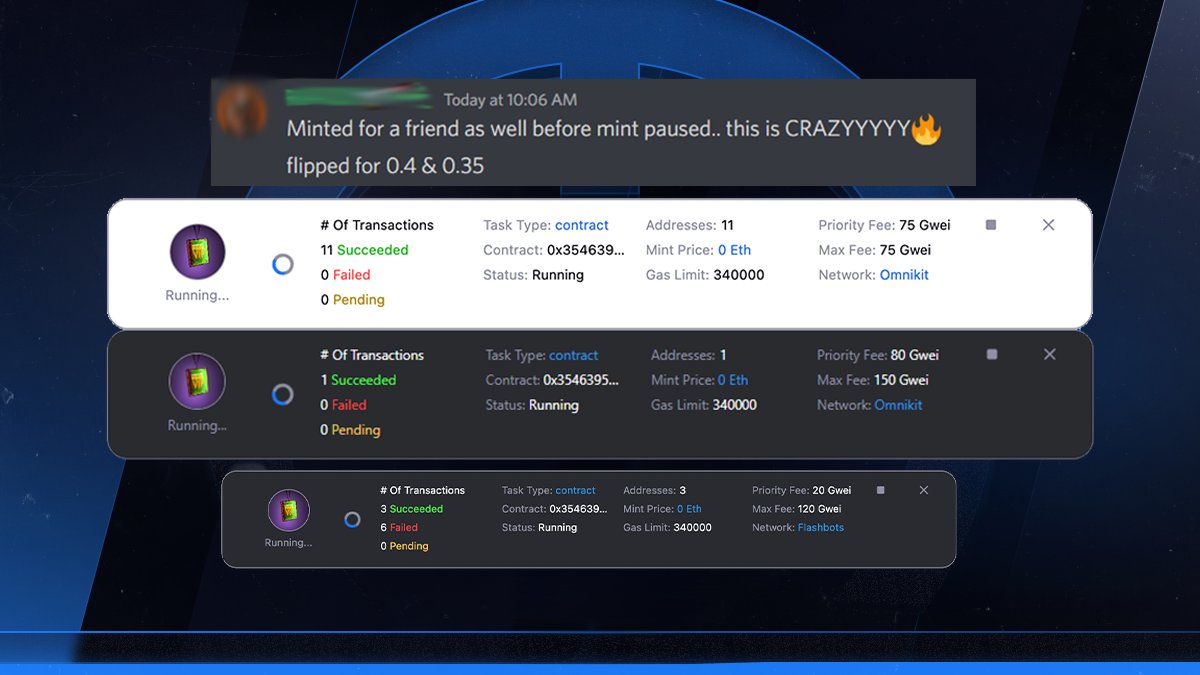 🎉Another mint, another W for Omnikit 🎉

While @FashionLeagueO website went down, Omnikit users proceeded to obliterate their stock. Profiting .4Ξ per successful transaction(4x our Genesis pass price), I think it's safe to say we COOKED🤑