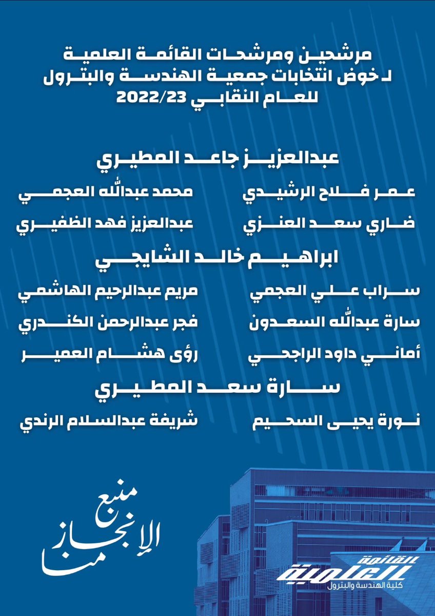 3lmya's tweet photo. مرشحين ومرشحات القائمة العلمية لإنتخابات الهيئة الإدارية لجمعية الهندسة و البترول للعام النقابي ٢٠٢٢-٢٠٢٣

#منبع_الانجاز_منا
#3lmya https://t.co/Hz2FMUv3Nj