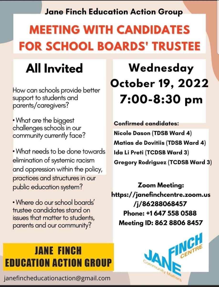 HumberSummit001's tweet photo. 📣Meeting with Candidates for School Boards’ Trustee 

Join the Jane Finch Education Action Group this evening for a conversation with Candidates for School Boards' Trustee 

⏰7:00pm-8:30pm 
Via Zoom

Zoom ID: 862 8806 8457

See flyer below for more information. ⬇️ https://t.co/y0SxXaBisL