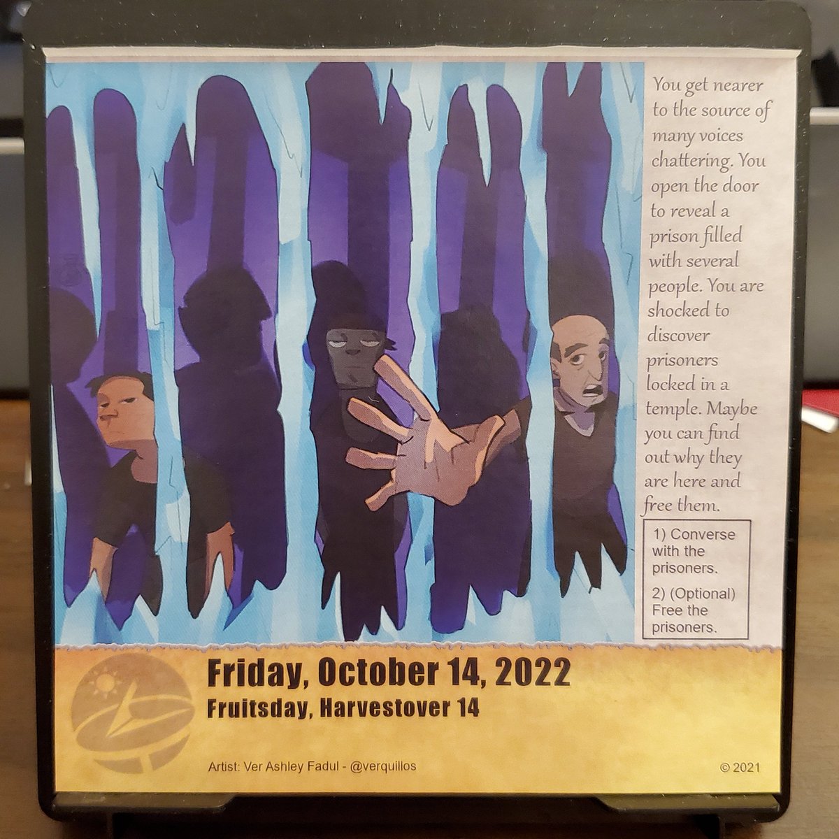 midashand's tweet photo. "Well this is all very interesting, but I can't just go around letting a bunch of prisoners out of jail at once... Sorry, fellas, but I'll go ask around about it." [12, 20, 23]

#ttrpg #QuestCalendar @SundialGamesLLC https://t.co/tEIlEtVG6z