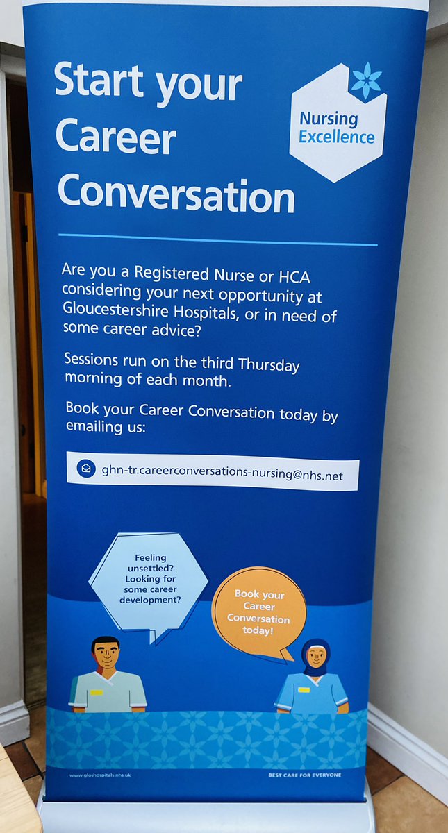 Really liking the new ‘Career Conversation’ roller banners that will be displayed @gloshospitals If you are an RN or HCA wanting to chat through ‘what’s next’ for you then book your conversation today! #opportunities #development #itchyfeet @GlosPDLearning @GlosProfEd @teamCNO_