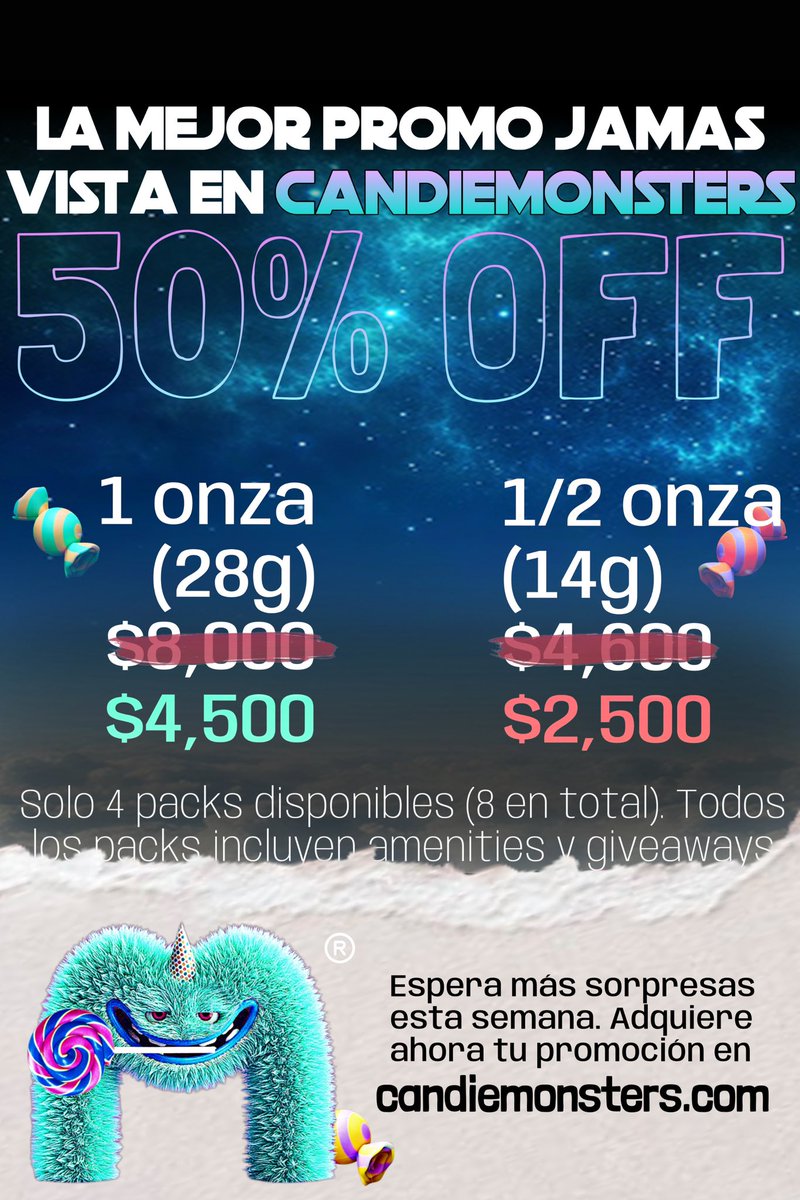 candiemonsters's tweet photo. #PromoChingona #PromodePromos
Llévate onza o media onza a mitad de precio. Garantía de entrega y Compra protegida con MercadoPago, cobertura en toda la República Mexicana.
Solo 8 packs disponibles, todos con amenities y giveaways de obsequio. Servicio PostVenta y mucho más. https://t.co/JiDOwCacCk