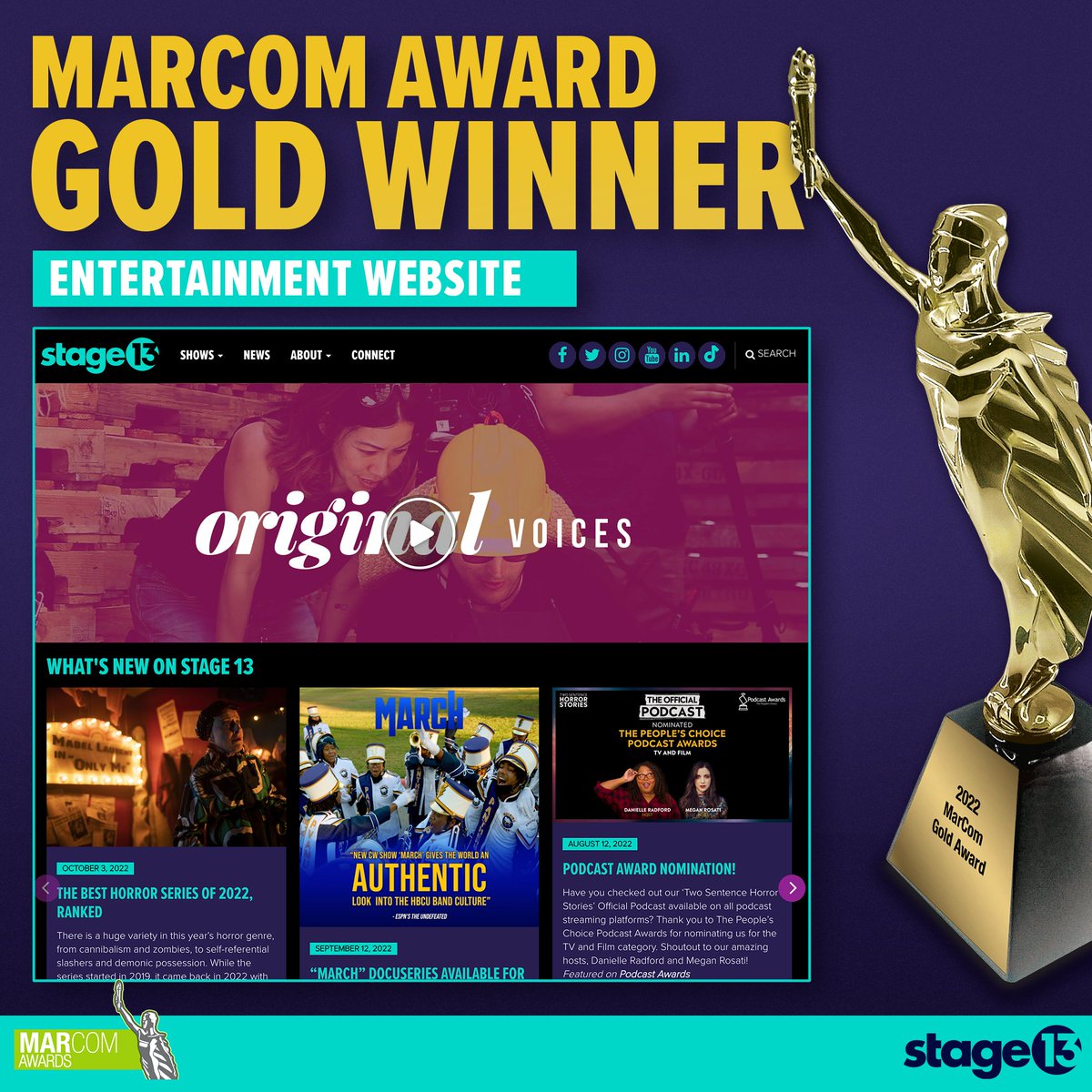 Stage 13 won a gold MarCom Award in the Entertainment Website category! Our site stage13.com has always been a one-stop shop for fans to dive deep into our diverse content and get the latest Stage 13 news, and we're thankful to the @marcom_awards for this recognition!