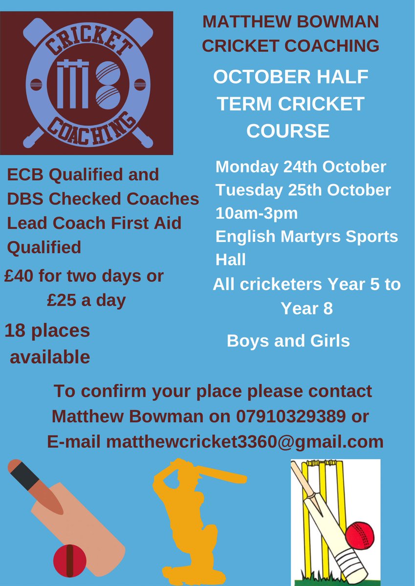 Still a few places on this cricket course next week. <a href="/StocktonCC/">Stockton CC</a> <a href="/Norton_C_C/">Norton Cricket Club</a> <a href="/ClubThornaby/">Thornaby Cricket Club</a> <a href="/YarmCC/">Yarm Cricket Club</a> <a href="/Sedgefield_CC/">Sedgefield Cricket Club</a> <a href="/HPJuniorCC/">Hartlepool Junior Cricket Club</a> <a href="/HPoolCC/">Hartlepool CC</a> <a href="/SeatonCarewCC/">Seaton Carew Cricket Club</a> <a href="/ClubMaltby/">Maltby Cricket Club</a> <a href="/CricketMarton/">Marton Cricket Club 💙</a> <a href="/WolvistonCC/">Wolviston CC</a> <a href="/MiddlesbroughCC/">Middlesbrough CC</a> <a href="/N_AycliffeCC/">Newton Aycliffe CC</a> Please could you share! Thanks
