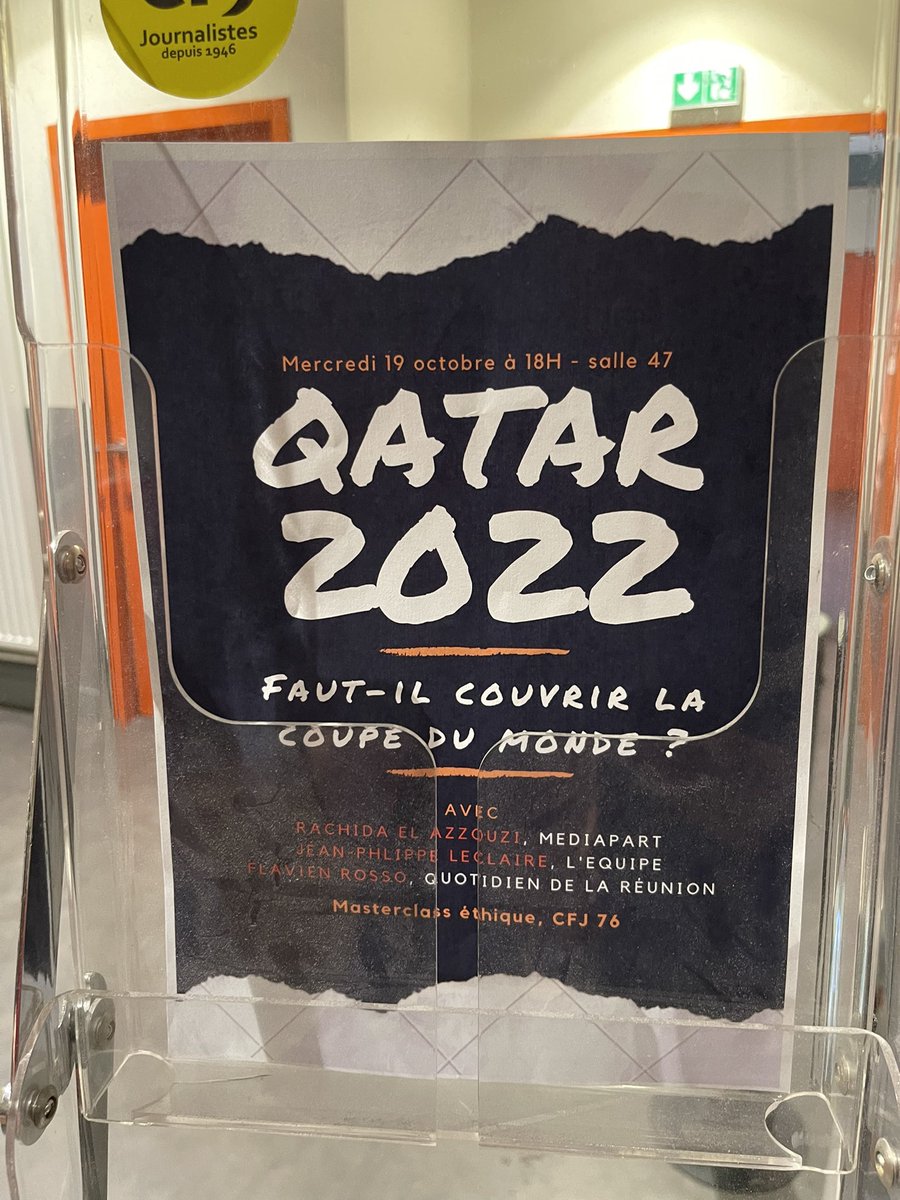 Qatar, faut-il couvrir la Coupe du Monde?  <a href="/cfjparis/">CFJ Paris</a> #masterclass éthique. Avec <a href="/RachidaElAzzz/">Rachida El Azzouzi</a> <a href="/JPhLeclaire/">Leclaire JPh</a> et Flavien Rosso