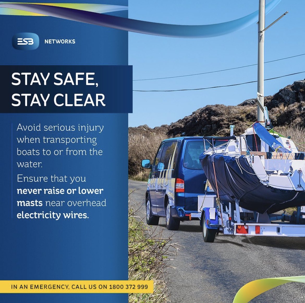 Irish_Sailing's tweet image. Be as safe getting to or from the water as you are when you’re on it. Always ensure you never raise or lower masts anywhere near overhead electricity wires. Remember to always Stay Safe and Stay Clear of electricity wires when transporting boats. #staysafe #stayclear