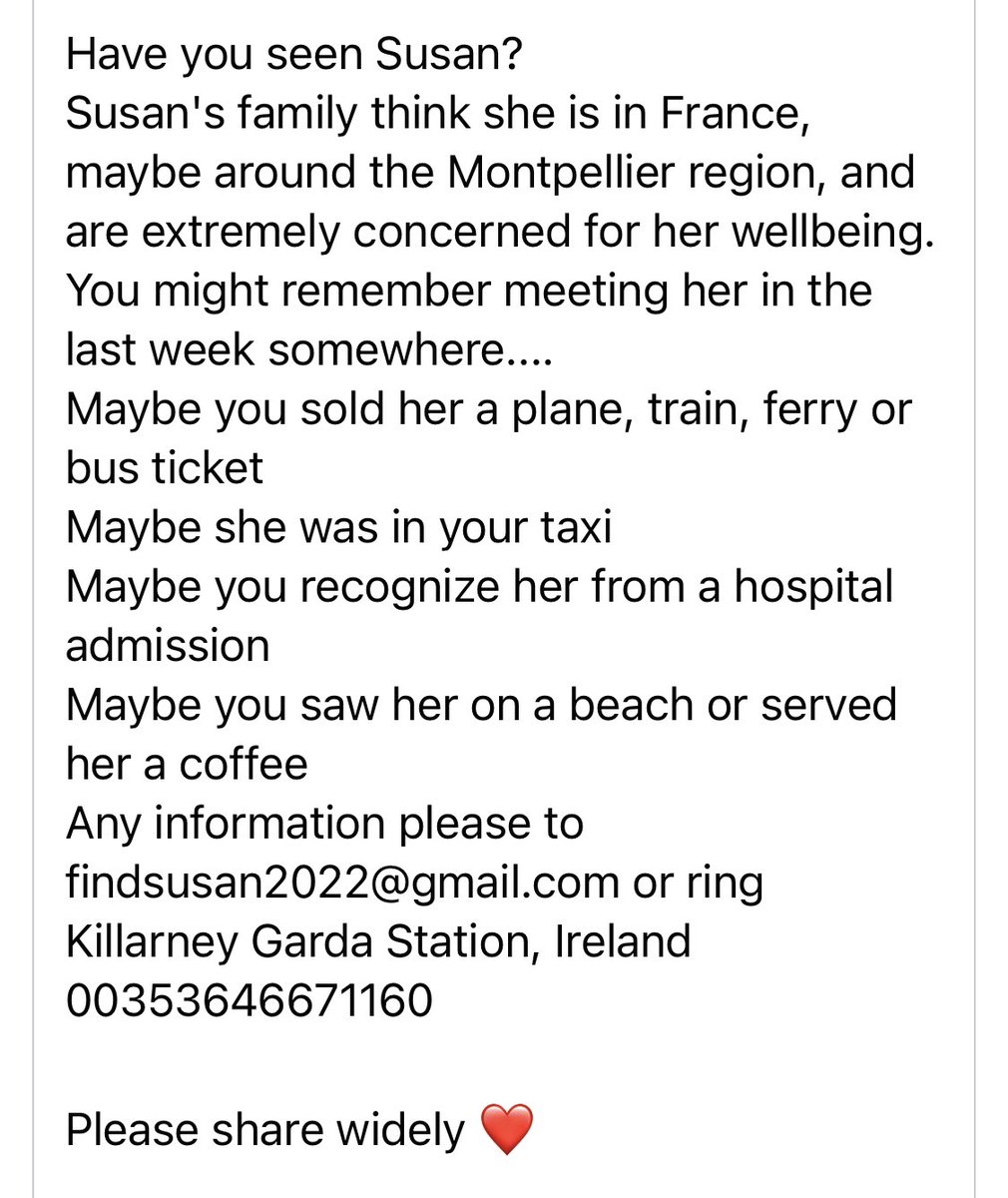 TheCrimeDiva2's tweet photo. #MissingPerson #MissingInFrance #MissingFromIreland #Missing #WhereIsSusan #Ireland #France Everyone please read &amp; share. Maybe we can get this shared in the right area. 💓 https://t.co/lRjU998Bmf