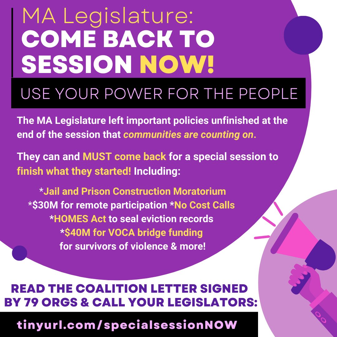 It's time for the legislature to get back to work. We're proud to join 78 other orgs in demanding the legislature call a special session to pass the critical bills that died because of Beacon Hill's procrastination. Take action today: tinyurl.com/specialsession… #mapoli