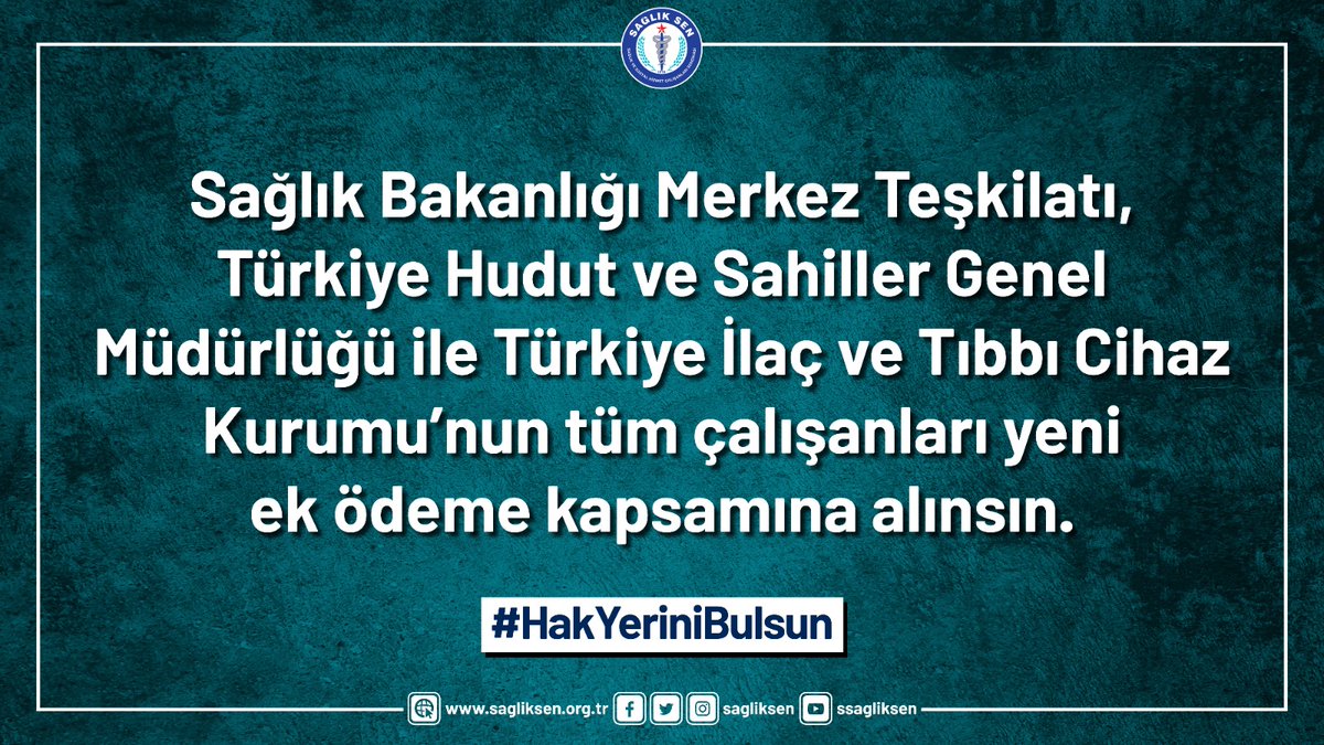 #HakYeriniBulsun

Sağlık Bakanlığı Merkez Teşkilatı, Türkiye Hudut ve Sahiller Genel Müdürlüğü ile Türkiye İlaç ve Tıbbı Cihaz Kurumu’nun tüm çalışanları yeni ek ödeme kapsamına alınsın.