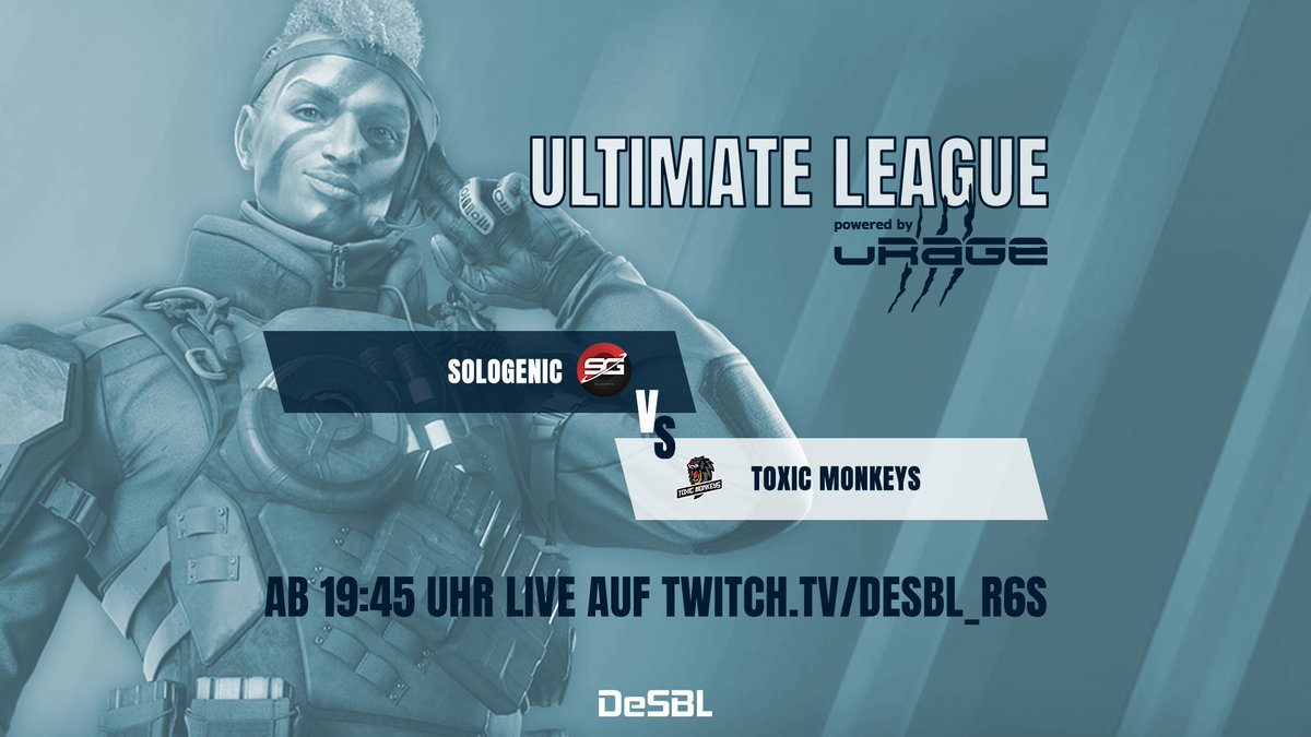 DeSBLR6's tweet photo. ❗️ Matchday ❗

Es geht um Platz 1 ...

🥊 @sologenicDE 🆚 @ToxicMonkeys
🎙️ @pr0text
▶️ ab 19:45 -> https://t.co/1iWN3nWUOj
🤝 @urage_gaming

#UltimateLeague #DeSBL #R6S 
#PCGaming #eSport https://t.co/t6wNlrqSbi