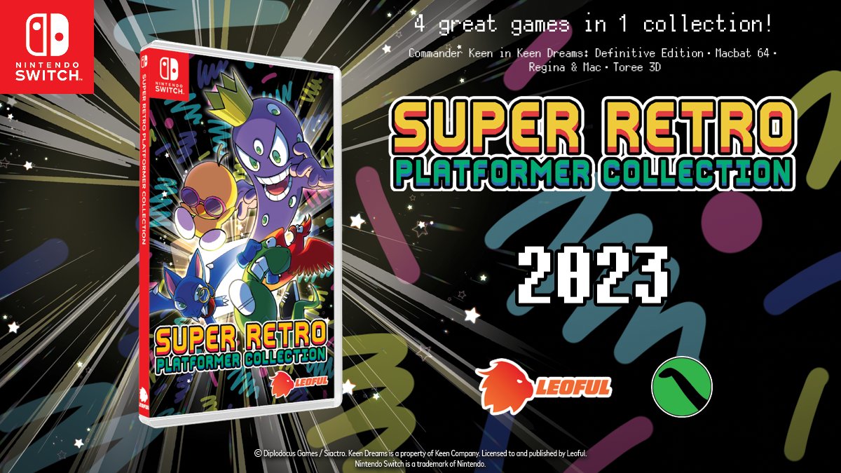 LeofulGames's tweet photo. Super Retro Platformer Collection is releasing physically for #NintendoSwitch in Asia next year!
The collection includes 4 great indie games by @DiplodocusGames - #CommanderKeen in Keen Dreams, #Macbat 64, Regina & Mac, and #Toree 3D.
Please stay tuned for more details! https://t.co/HYpYDfc3gt