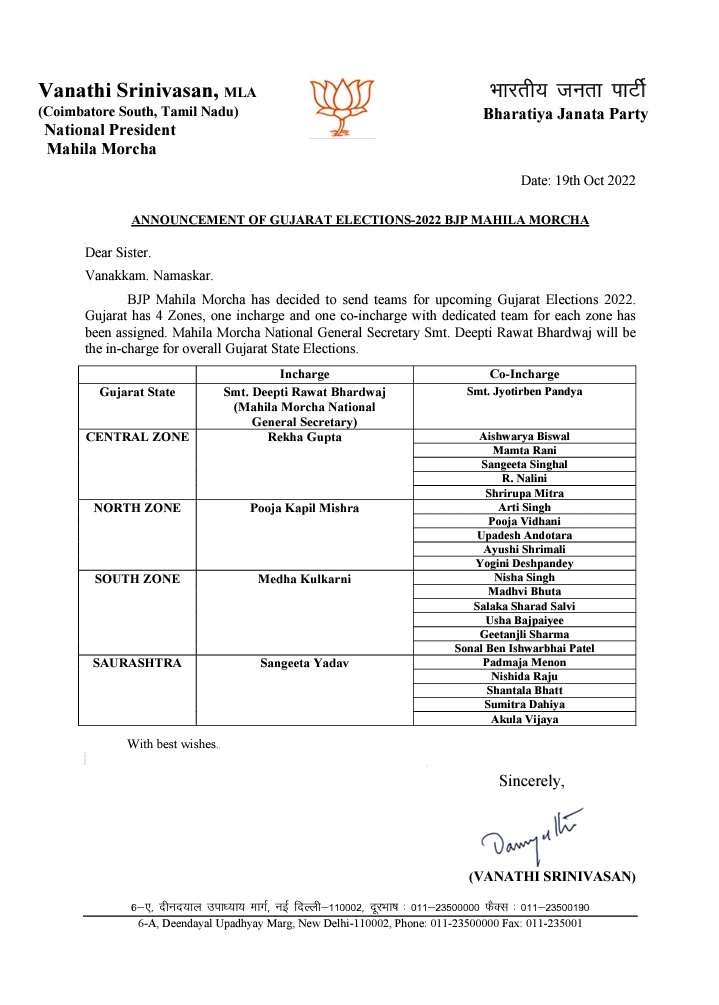 #BJPBengal in other State Elections. Previously during UP, our people took active part in providing support there & once again we will do it for #Gujarat. MLA #EnglishBazaar #SreerupaMitraChaudhury aka #NirbhoyDidi has been made part of the team. Congrats @sreerupa_mitra 🔥💥🥳🎉