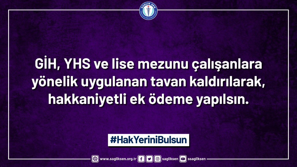 sagliksen's tweet photo. #HakYeriniBulsun

GİH, YHS ve lise mezunu çalışanlara yönelik uygulanan tavan kaldırılarak, hakkaniyetli ek ödeme yapılsın. https://t.co/hHKwwgk82X