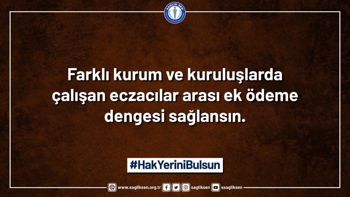 #HakYeriniBulsun
Farklı kurum ve kuruluşlarda çalışan eczacılar arası ek ödeme dengesi sağlansın.
