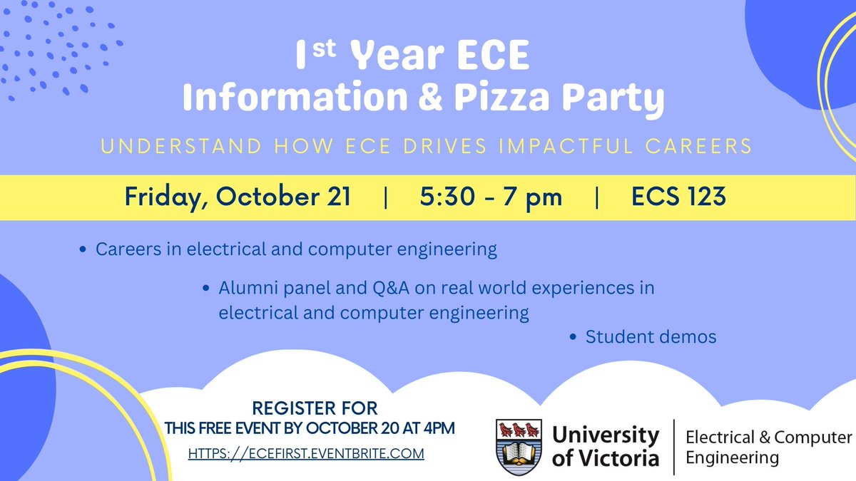 UVic Electrical & Computer Engineering (@uvic_eleccomp) on Twitter photo Extended Deadline:
Are you a 1st year student in Engineering at UVic? If so, you are invited to the 1st Year ECE Information & Pizza Party. Visit ecefirst.eventbrite.com to register by 4:00pm on Thursday, October 20, 2022. <a href="/UVicECS/">UVic Engineering and Computer Science</a> #UVic_ElecComp #ECE #FirstYear Extended Deadline:
Are you a 1st year student in Engineering at UVic? If so, you are invited to the 1st Year ECE Information & Pizza Party. Visit ecefirst.eventbrite.com to register by 4:00pm on Thursday, October 20, 2022. <a href="/UVicECS/">UVic Engineering and Computer Science</a> #UVic_ElecComp #ECE #FirstYear