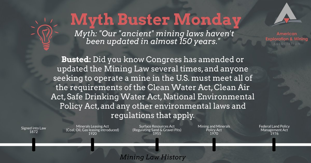 Myth Buster Monday is back! #DYK mining laws actually have been updated and amended several times... We operate under some of the most stringent standards in the world. #mining #miningmatters #mineralmonday #responsiblemining #mythbuster #mythbustermonday #miningmyth #miningfact