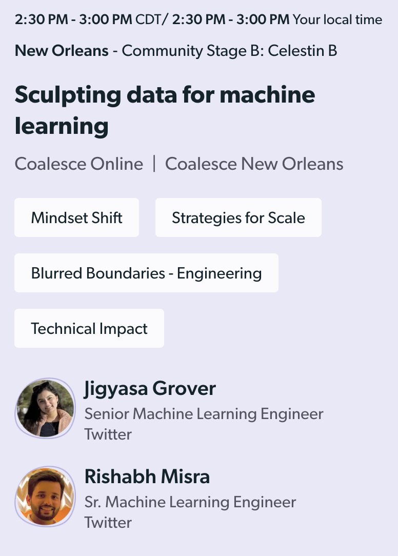jigyasa_grover's tweet photo. .@rishabh_misra_ and I will be sharing some excerpts from @DataForML, specifically approaches to building a quality dataset for #MachineLearning.

If you are at #dbtCoalesce, come over to Celestin B at 2.30pm! @getdbt #DataForML #Coalesce2022 https://t.co/qG6eOGEN0H