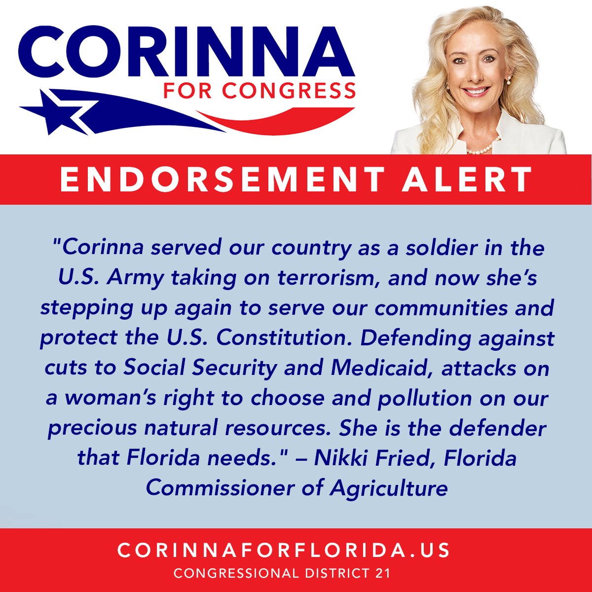 'Corinna is the defender that Florida needs.' – Nikki Fried, Florida Commissioner of Agriculture Thank you for your support, @NikkiFried