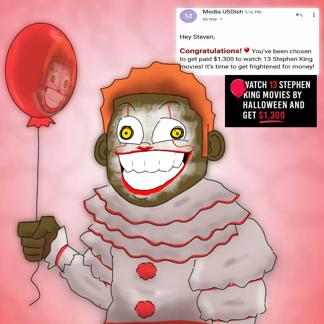 juststevenart's tweet photo. Huge Announcement! I was chosen to participate in this year's #13for1300 Stephen King Marathon! I'll be watching 13 of his movies and documenting my reactions so stay tuned for the results by the end of the month! Thank you to @dishnetwork and @StephenKing 
#USDish #StephenKing https://t.co/mjM2elxRW4