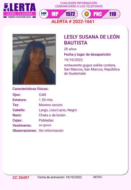 isabel_claudina's tweet photo. #AlertaIsabelClaudina
 Ayúdenos a encontrar
LESLY SUSANA DE LEON BAUTISTA
Desapareció el 19  DE OCTUBRE de 2022
Cualquier información comunicarse al teléfono  1572
Gracias por difundir esta información https://t.co/Cp3syss5Np