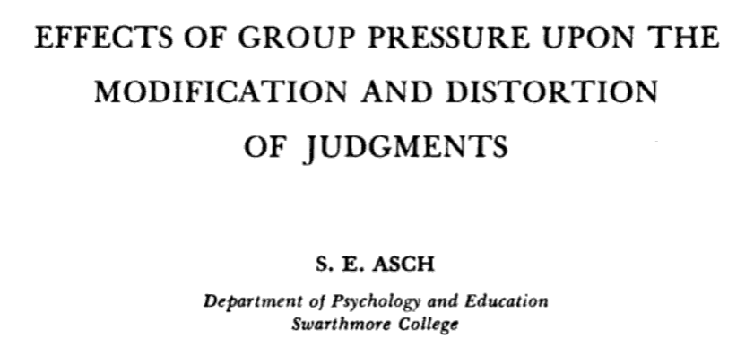 TIL Solomon Ash's famous experiment first appeared in 'Groups, Leadership and Men: Research in Human Relations' (1951), a compendium by the US Navy's Office of Naval Research edited by Harold Guetzkow. play.google.com/store/books/de…