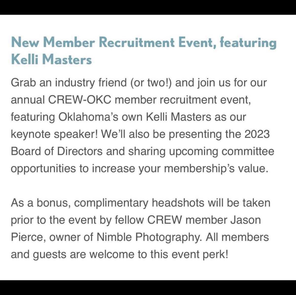 LAST DAY to register for our annual New Member Recruitment Event, featuring keynote Kelli Masters! Please grab a friend (or two!) and join us for this amazing speaker and to learn more about the benefits of CREW OKC! Register here: crewokc.org/events/luncheo…