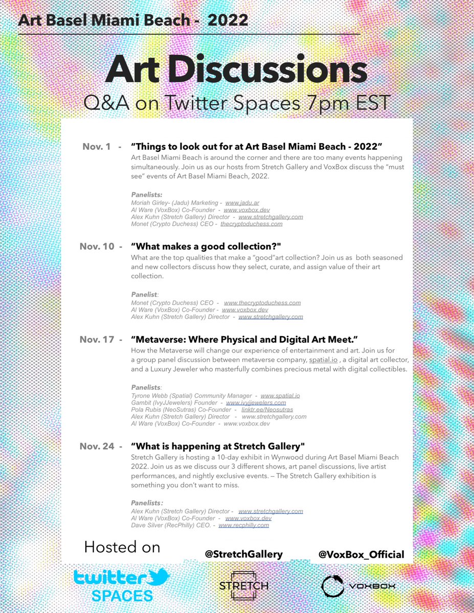 Art Basel is quickly approaching! Upcoming Twitter AMA with the following panelists: @CryptoDuchess_ @Gambitvvs @spatialxr @recphilly @neosutras @moriahgirley @voxbox_official These are the confirmed panelist with more to come! Stay tuned.