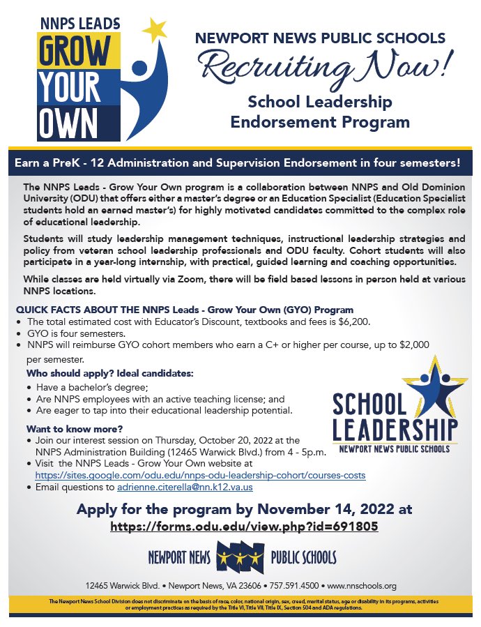 Our <a href="/NNPSLeads/">NNPS School Leadership</a> <a href="/ODUMonarchLEAD/">ODU Monarch LEAD</a> recruitment meeting will be held in the admin conference room beginning at 4 p.m. TOMORROW! Have a great evening!
