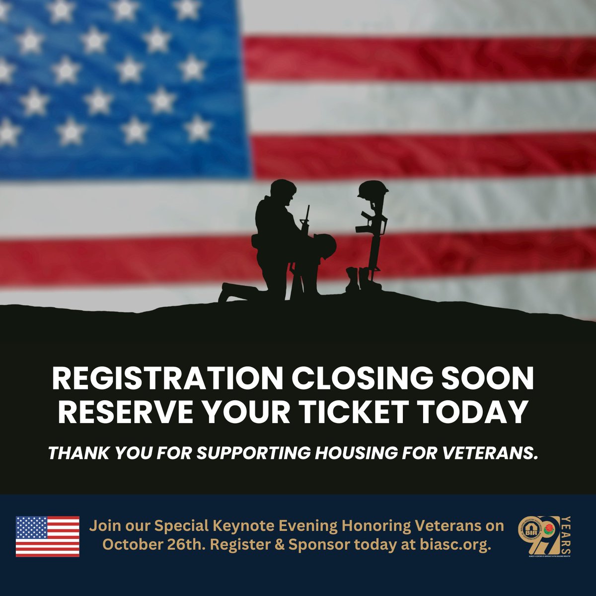Registration is CLOSING SOON for our Special Keynote Evening Honoring Veterans on October 26th - ONE WEEEK from today! 🏠🇺🇸 Don't miss this historic evening with keynote speakers, live entertainment, networking and more. Register today at rb.gy/nqwbkw. #BIASC #veterans