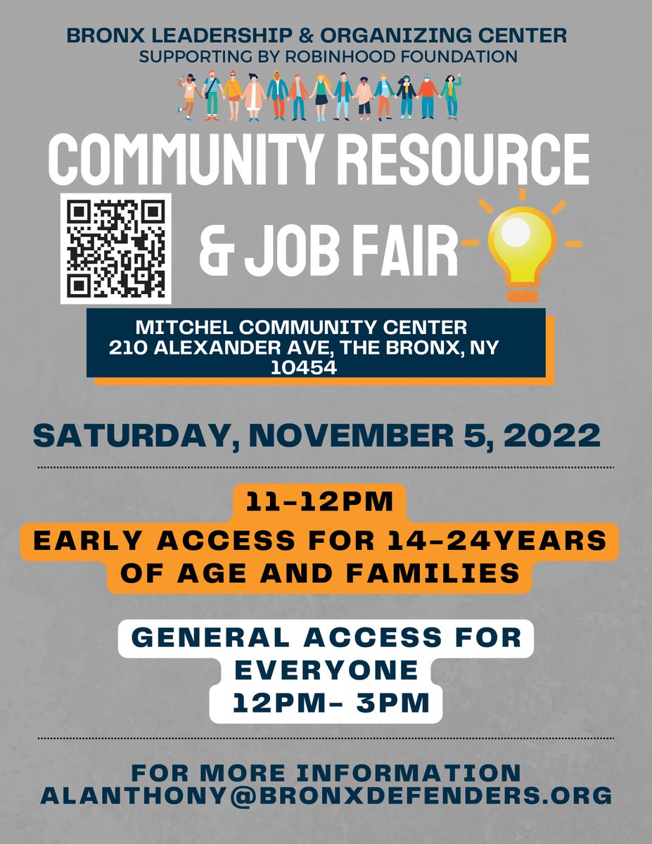 UPCOMING: Join us on Saturday, Nov. 5, for the Bronx Leadership &amp; Organizing Center's Community Resource &amp; Job Fair. Check out our QR code for more details!