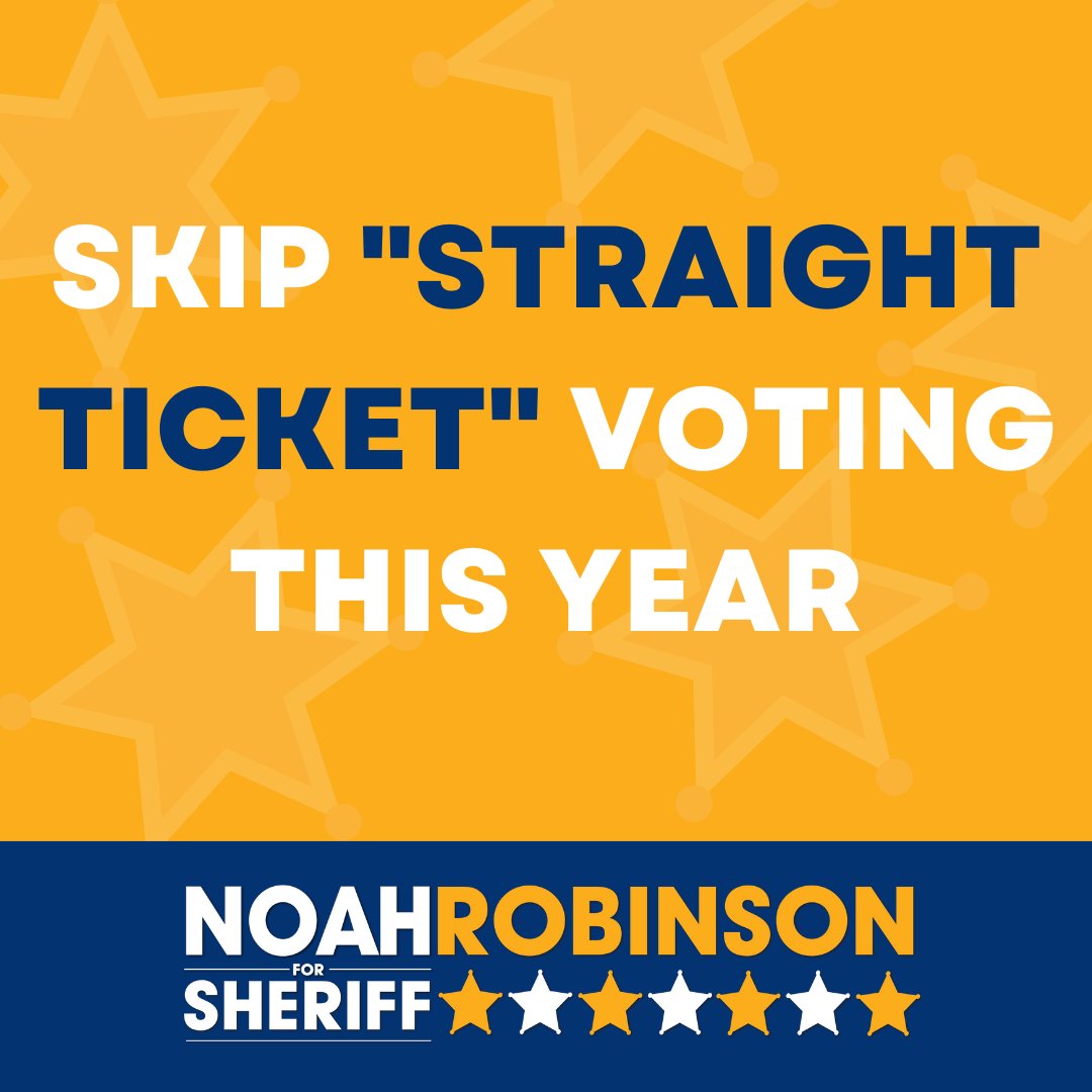 NoahForSheriff's tweet photo. I'm proud to serve every resident of Vanderburgh County, but first, I need your vote. If you're a Republican who votes "straight ticket," your vote will automatically go to my opponent. Please skip "straight ticket" voting this year and vote Noah Robinson for Sheriff. https://t.co/xsTleAP4Gk