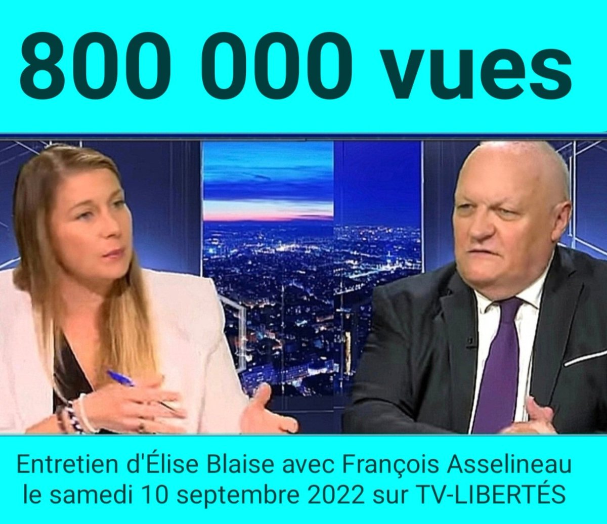 📈 𝟴𝟬𝟬.𝟬𝟬𝟬 𝗩𝗨𝗘𝗦 POUR MON ENTRETIEN AVEC ÉLISE BLAISE SUR TV-LIBERTÉS La vidéo,mise en ligne le 10/9,vient de franchir les 800.000 vues. Ce score la hisse au 5e rang des 2.500 vidéos les plus regardées sur TVL. GRAND MERCI À TOUS NOS MILITANTS! 🎥 youtu.be/PhhW9FRwqe4