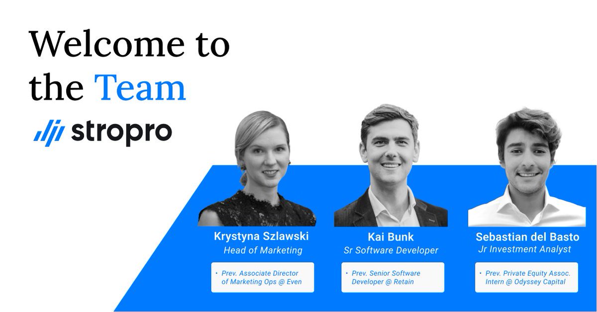 Stropro_'s tweet photo. The team at Stropro is growing!

Welcoming our newest team members, Krystyna Szlawski as Head of Marketing, Kai Bunk as Senior Software Developer and Sebastian del Basto as Junior Investment Analyst. 

We’re excited to have you join us!
#welcometotheteam #team #alternatives https://t.co/ccYgS3KElY