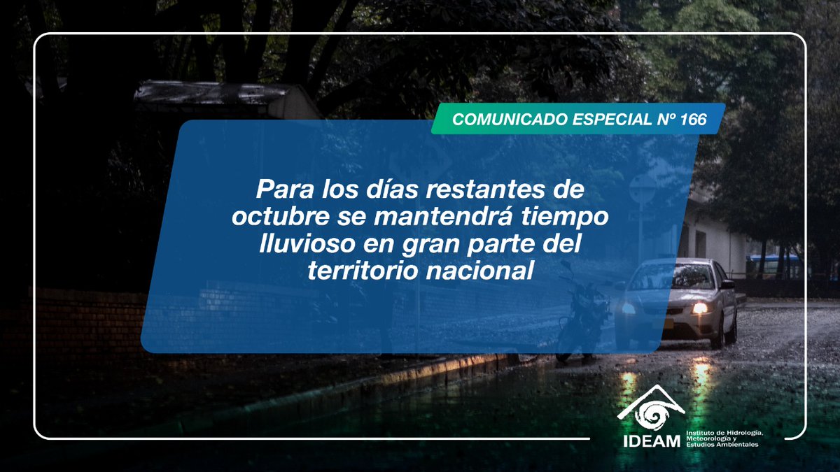 #Atención | Compartimos el Comunicado Especial # 166 con la siguiente información: 

🌧️ | El Ideam advierte un nuevo incremento significativo de intensidad y volúmenes de lluvias desde el próximo domingo y hasta final de octubre. 
Descárguelo aquí🔗 bit.ly/3VzdyU6