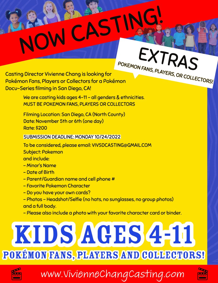vivsdcasting's tweet photo. CASTING POKEMON PLAYERS, FANS OR COLLECTORS. Looking for kids ages 4-11 - all genders &amp; ethnicities for a Pokemon Docu-Series filming in San Diego, CA. See flyer below for details. #SanDiego #Pokemon #PokemonGO #PokemonSanDiego #pokefriends #SanDiegoPokemon #pokemoncommunity https://t.co/1WVyQMPsRq