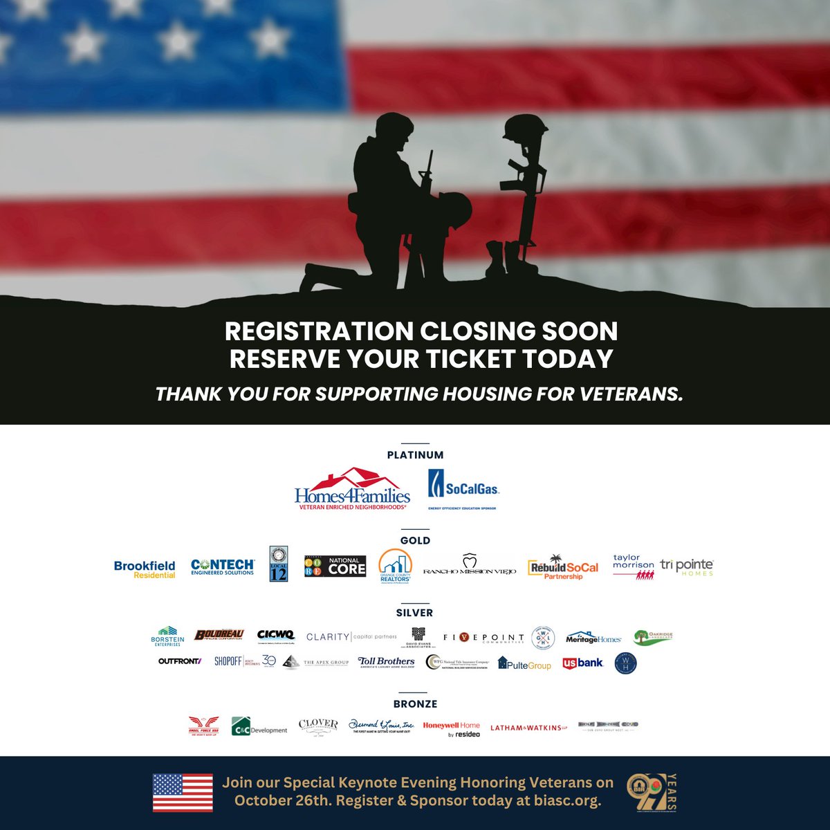 Thank you to our Sponsors for supporting #housing for our #veterans!🏠🇺🇸 Registration is CLOSING SOON for our Special Keynote Evening Honoring Veterans on October 26th - ONE WEEEK from today! Register at rb.gy/nqwbkw. #BIASC #veterans #givingback #thankyou