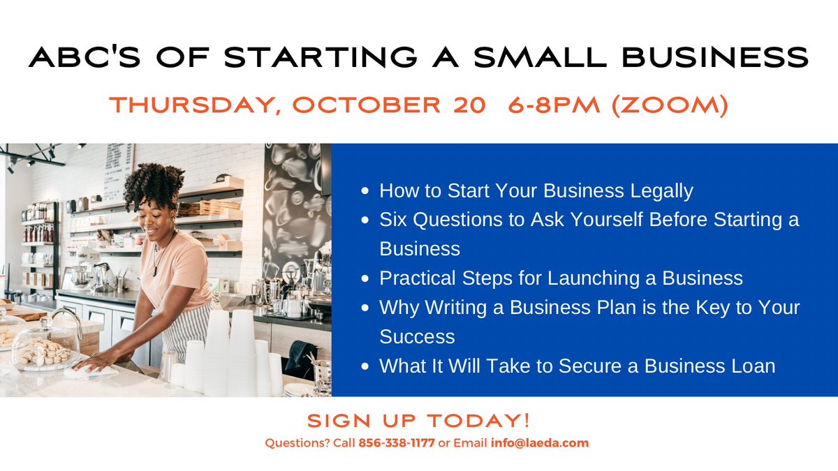 LAEDA1987's tweet photo. Ready to start your own business? Register now for our ABC’s of Starting a Small Business virtual seminar tomorrow 10/20 from 6-8pm! https://t.co/qwHFvfxAE6 #smallbusiness #entrepreneurmindset https://t.co/oFryBPhjTV