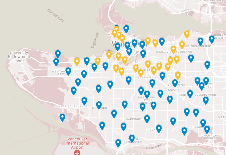 Here's your first map from the Vancouver election results. 

Kennedy Stewart won the yellow polling stations — north Kits, Fairview, Mt. Pleasant, Grandview-Woodland, Hastings-Sunrise, the Downtown Eastside and the West End. 

Ken Sim won everything else.