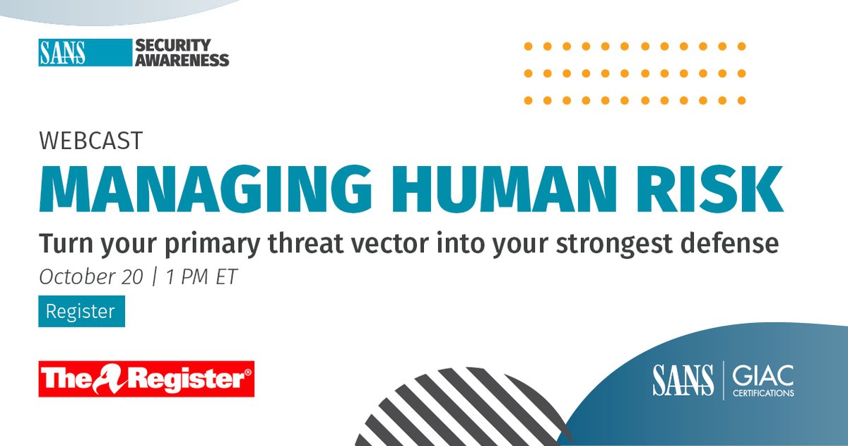 SANSInstitute's tweet photo. π£ 24-hour Reminder
Tune π» in tomorrow to watch Managing Human Risk Webcast.
#SANSAwareness Expert, @lspitzner speaks with Tim Phillips fr. @TheRegister about #HumanRisk.
β Register: https://t.co/u97E7o2zuV
#TurnUpYourAwareness
#MakeTheRightMove https://t.co/xhC5n9Et4p